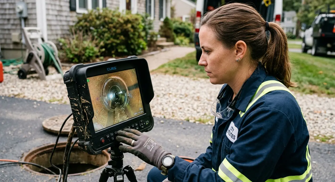 Technician reviewing sewer camera inspection footage in Terrace Heights