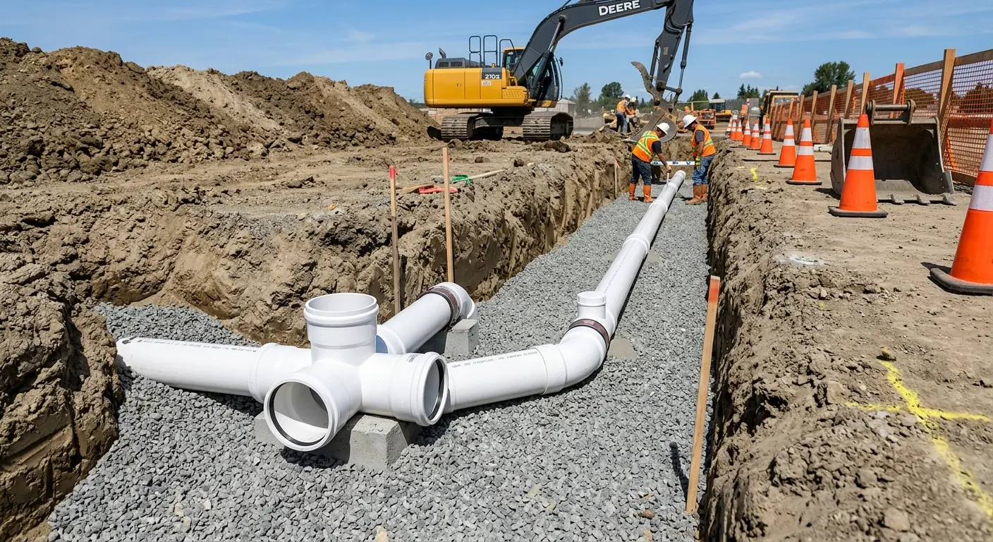 New PVC sewer pipe installation in open trench for Commercial Drain Cleaning in Terrace Heights