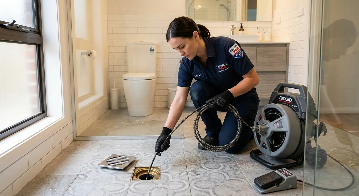 Technician clearing a bathroom floor drain for Sewer Line Replacement in Terrace Heights